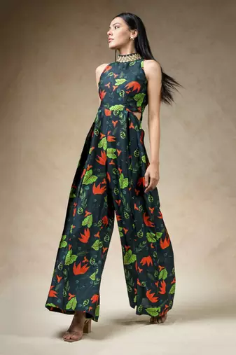 Green flaming lily copyright print hand embroidered flared jumpsuit