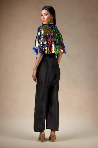 Hand embroidered big sequence reflective cape with pure silk black jumpsuit