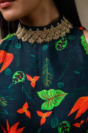 Green flaming lily copyright print hand embroidered flared jumpsuit