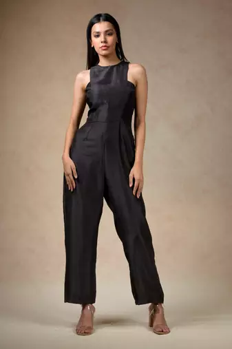 Hand embroidered big sequence reflective cape with pure silk black jumpsuit
