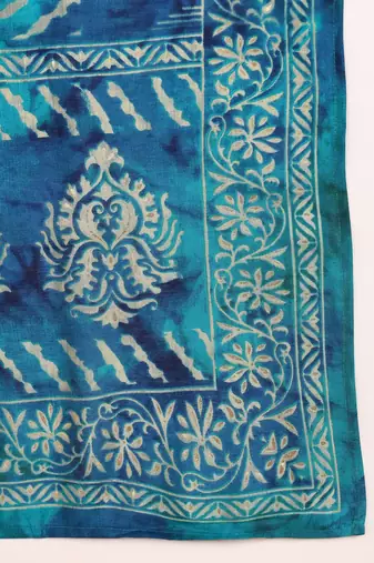 teal color printed polyester styles kurta trouser with dupatta