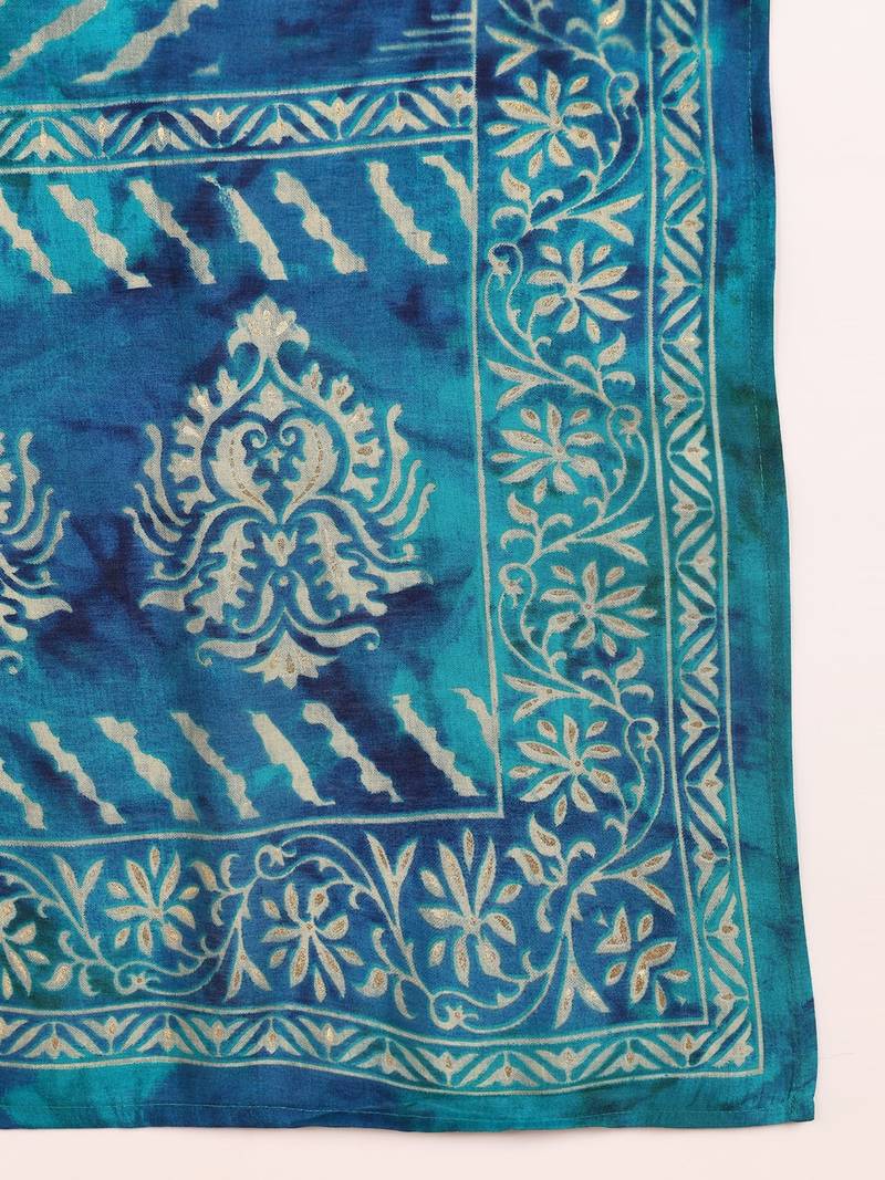 teal color printed polyester styles kurta trouser with dupatta
