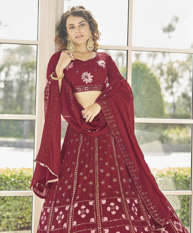 Ravishing Red Thread And Multi Sequins Embroidered Georgette Lehenga Choli For Bridesmaid