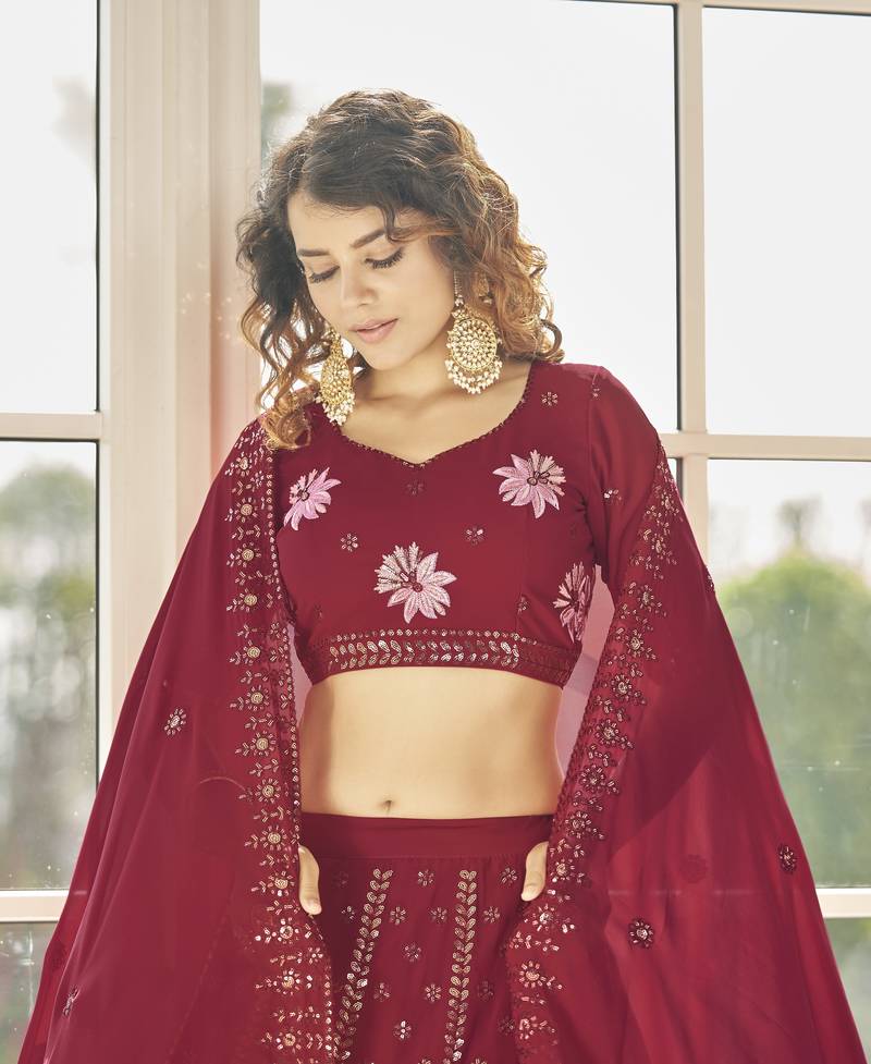 Ravishing Red Thread And Multi Sequins Embroidered Georgette Lehenga Choli For Bridesmaid