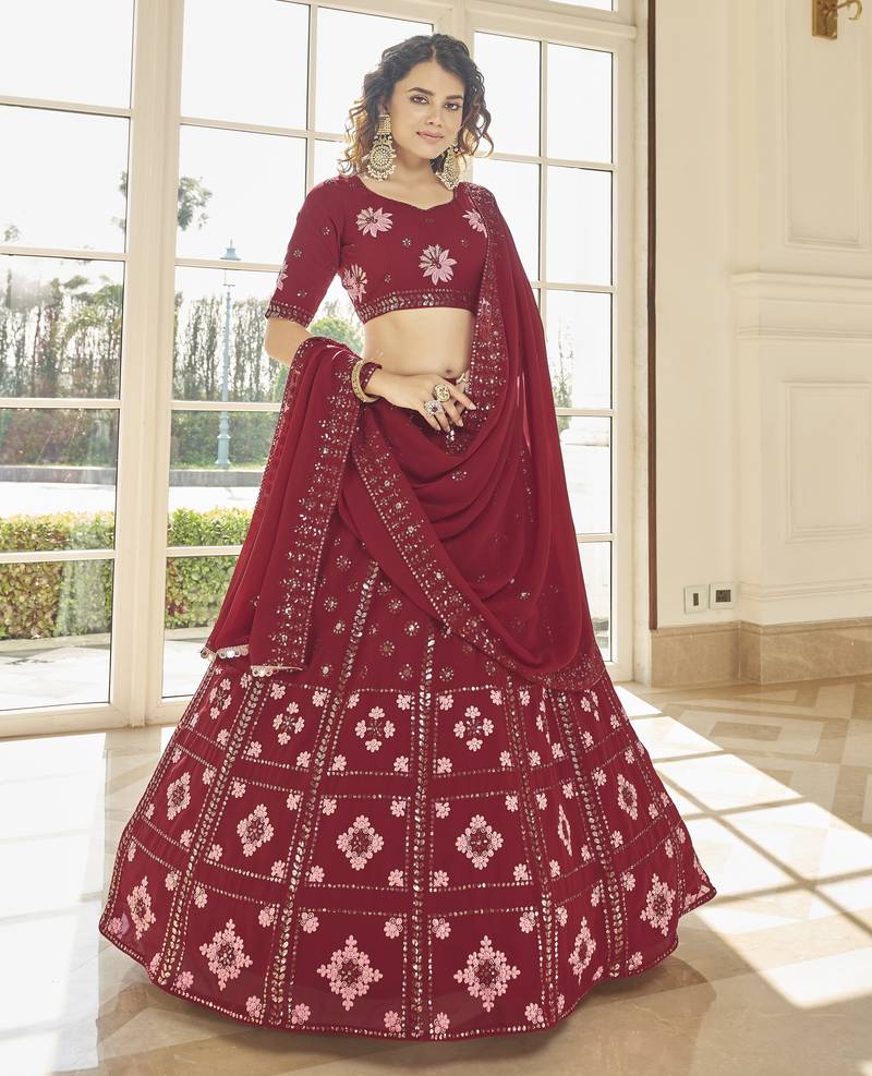 Ravishing Red Thread And Multi Sequins Embroidered Georgette Lehenga Choli For Bridesmaid