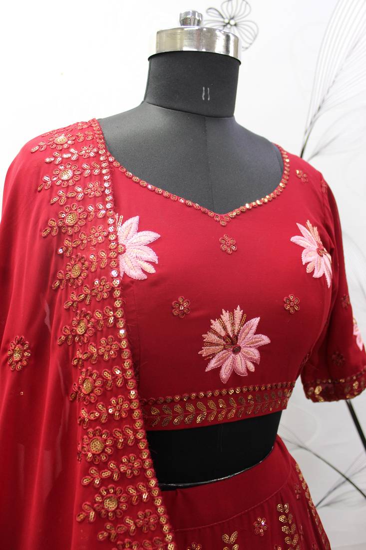 Ravishing Red Thread And Multi Sequins Embroidered Georgette Lehenga Choli For Bridesmaid