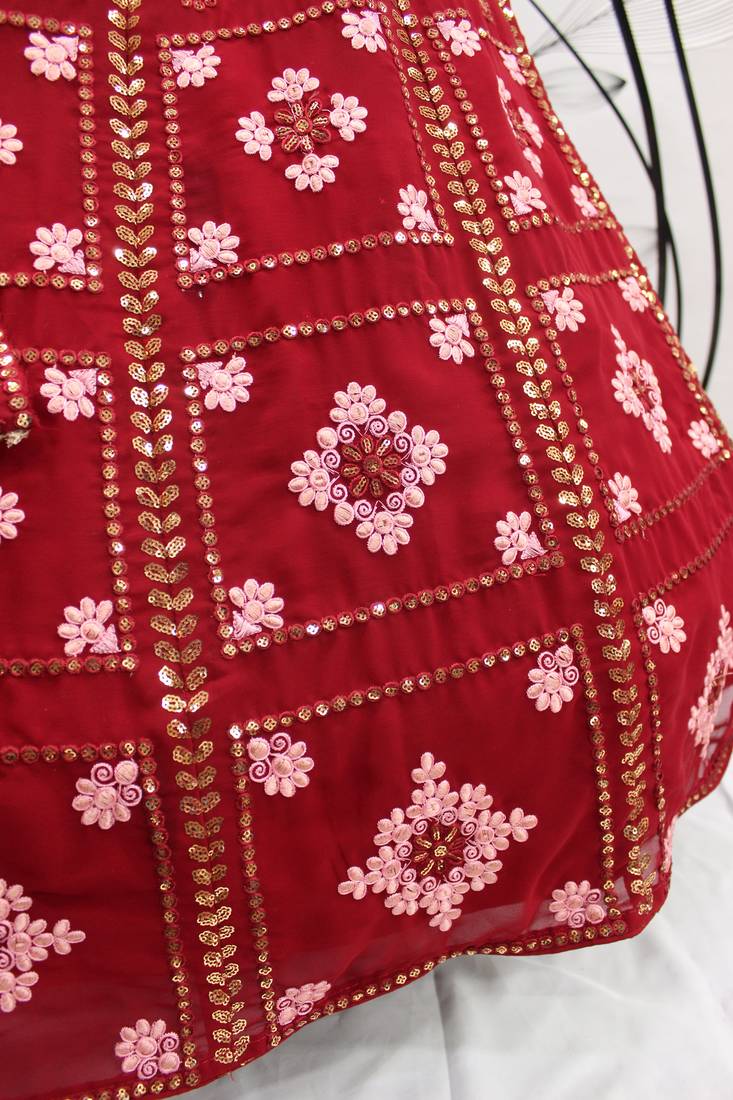 Ravishing Red Thread And Multi Sequins Embroidered Georgette Lehenga Choli For Bridesmaid