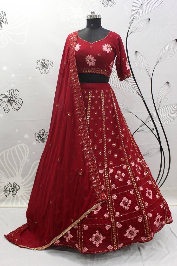 Ravishing Red Thread And Multi Sequins Embroidered Georgette Lehenga Choli For Bridesmaid
