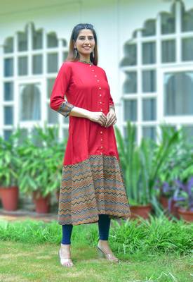 Women'S Rayon & Cotton Cambric Zig-Zag Printed A-Line Kurta 4