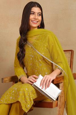 women mustard silk blend solid embroidered straight kurta trouser with dupatta 6
