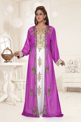Purple & White color Full Sleeves Handmade Two Piece Jacket Style Moroccan Kaftan 1