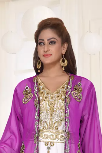 Purple & White color Full Sleeves Handmade Two Piece Jacket Style Moroccan Kaftan