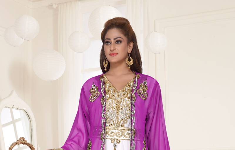 Purple & White color luxurious Full Sleeves Handmade Two Piece Jacket Style Moroccan Kaftan.