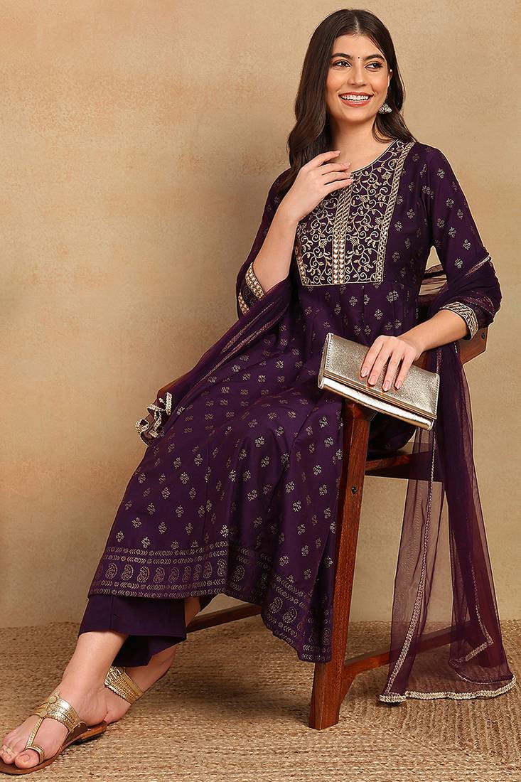 purple color embroidered silk blend styles kurta palazzo with dupatta
