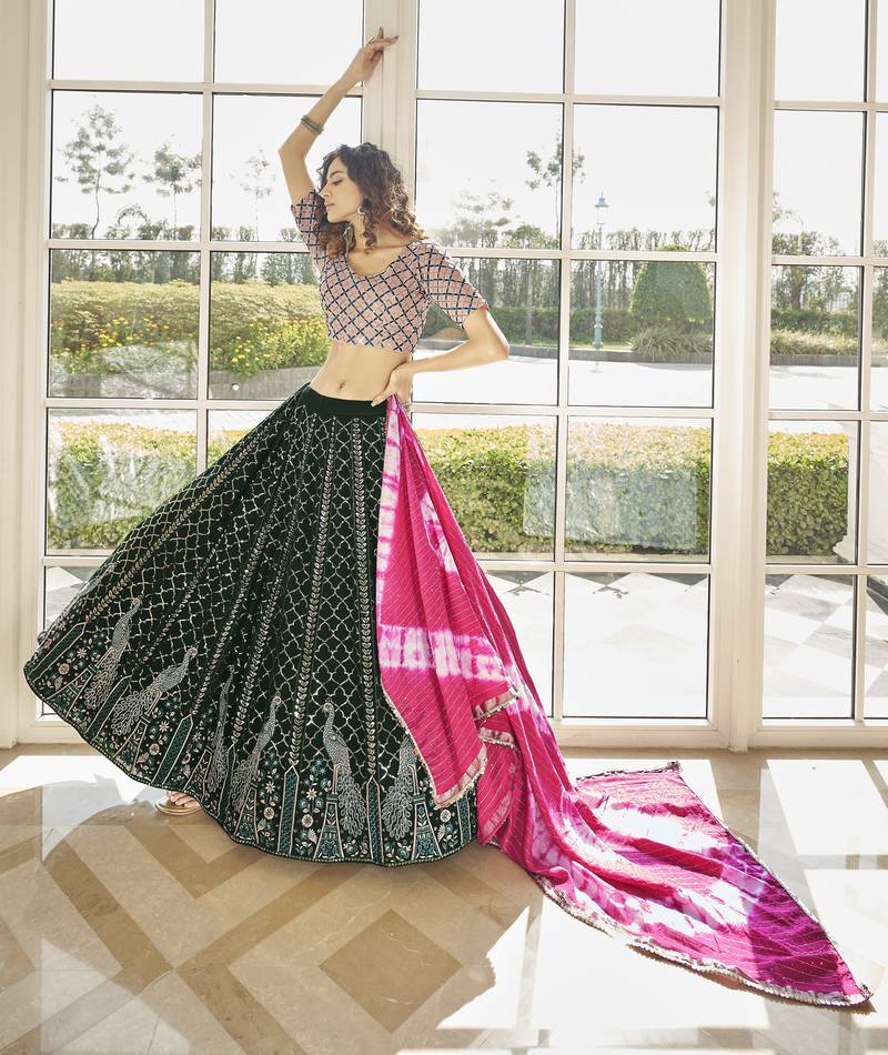  Green Thread And Sequins Embroidered With Stone Work Georgette Party Wear Designer Lehenga Choli