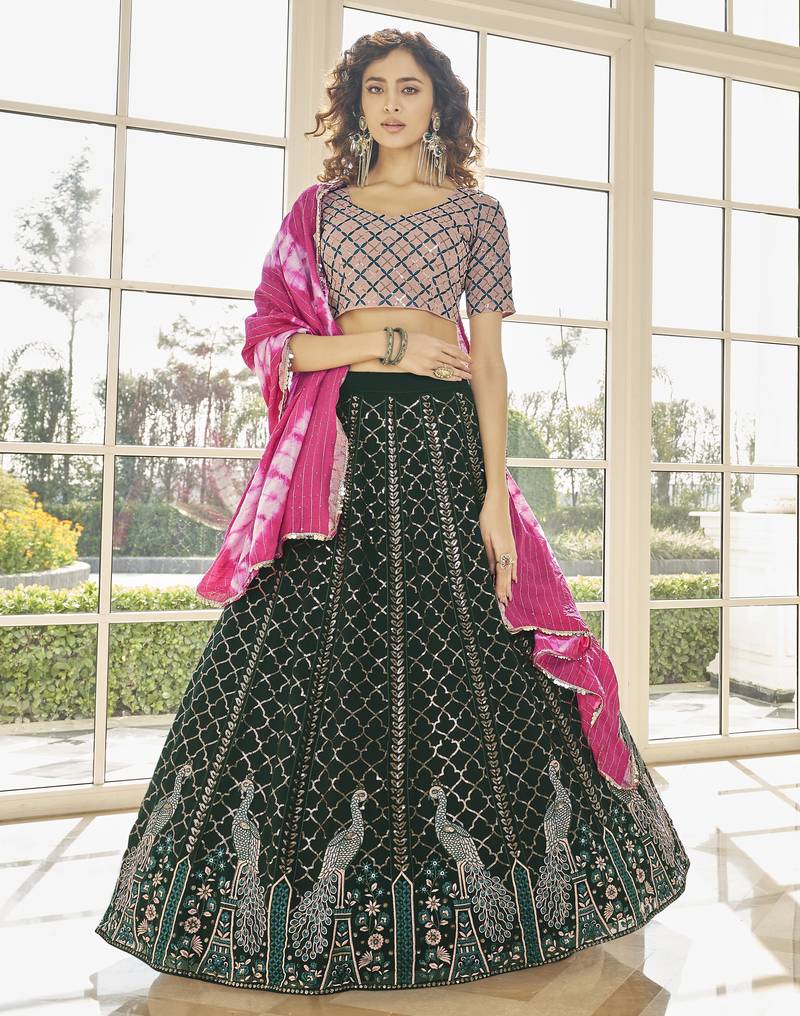  Green Thread And Sequins Embroidered With Stone Work Georgette Party Wear Designer Lehenga Choli