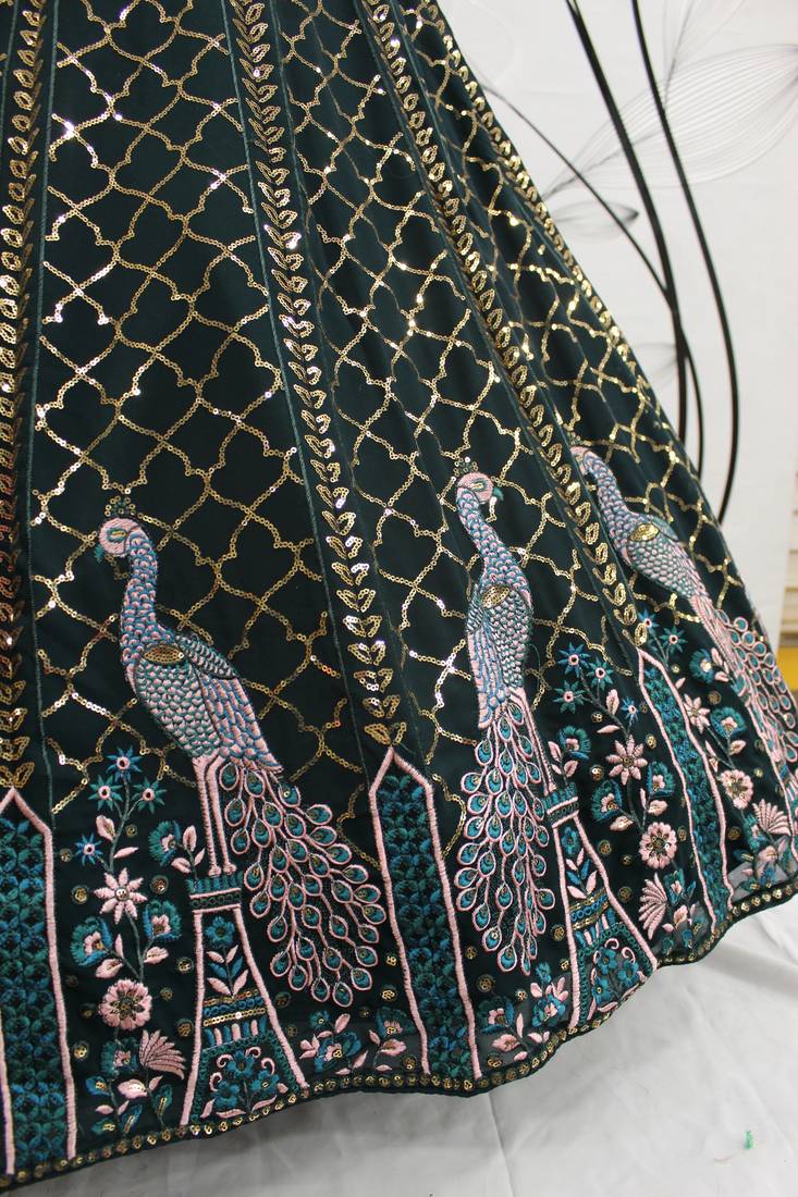  Green Thread And Sequins Embroidered With Stone Work Georgette Party Wear Designer Lehenga Choli