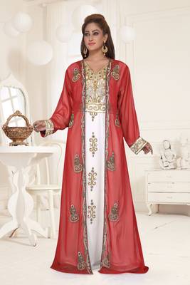 Red & White color Full Sleeves Handmade Two Piece Jacket Style Moroccan Kaftan 1