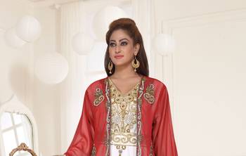 Red & White color Full Sleeves Handmade Two Piece Jacket Style Moroccan Kaftan 2