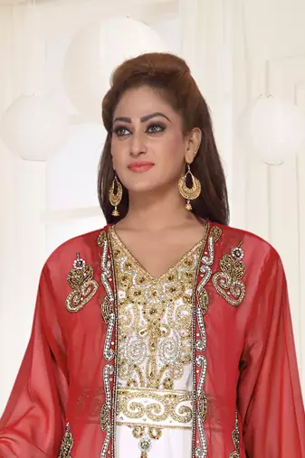 Red & White color Full Sleeves Handmade Two Piece Jacket Style Moroccan Kaftan