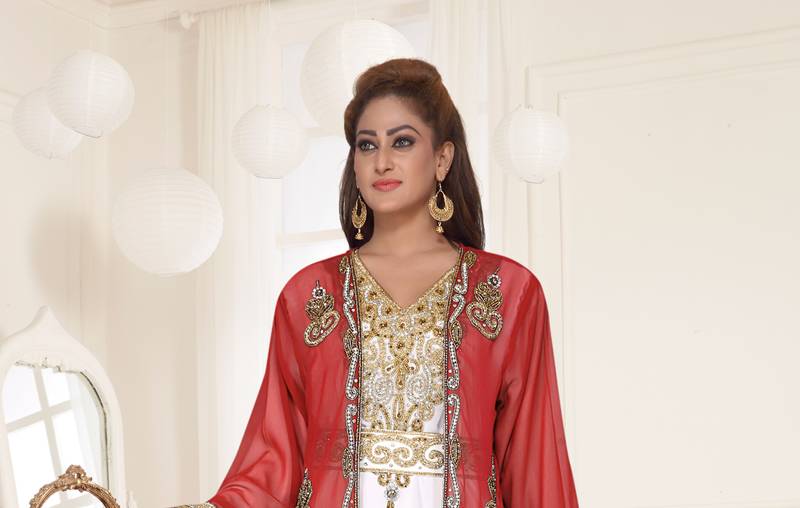 Red & White color luxurious Full Sleeves Handmade Two Piece Jacket Style Moroccan Kaftan.