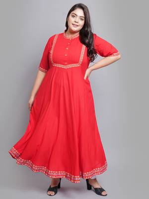 Women'S Plus Size Rayon Pintucks Anarkali Kurti (Red) 1