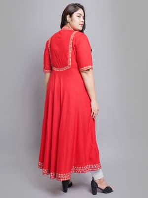 Women'S Plus Size Rayon Pintucks Anarkali Kurti (Red) 2