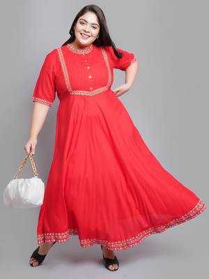 Women'S Plus Size Rayon Pintucks Anarkali Kurti (Red) 3
