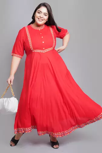Women'S Plus Size Rayon Pintucks Anarkali Kurti (Red)