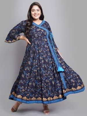 Women'S Plus Size Rayon Floral Print Angrakha Kurti (Blue) 2