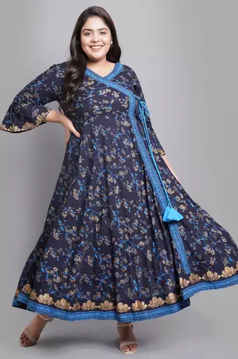 Women'S Plus Size Rayon Floral Print Angrakha Kurti (Blue)