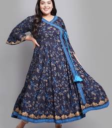 Women'S Plus Size Rayon Floral Print  Angrakha Kurti (Blue)