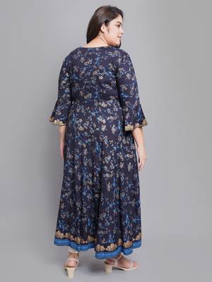 Women'S Plus Size Rayon Floral Print Angrakha Kurti (Blue) 1