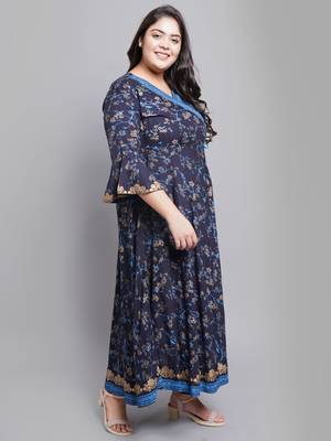 Women'S Plus Size Rayon Floral Print Angrakha Kurti (Blue) 3