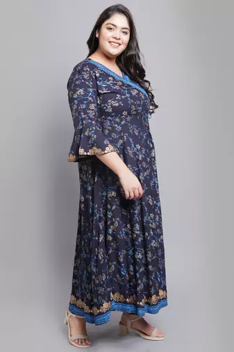 Women'S Plus Size Rayon Floral Print Angrakha Kurti (Blue)