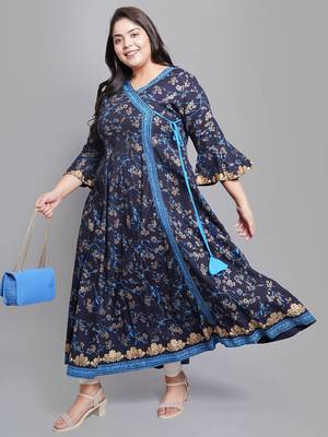 Women'S Plus Size Rayon Floral Print Angrakha Kurti (Blue) 4