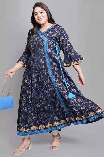 Women'S Plus Size Rayon Floral Print Angrakha Kurti (Blue)