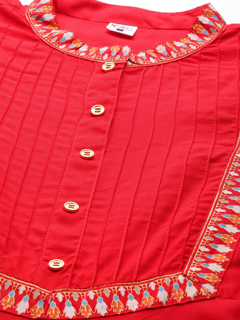 Women'S Plus Size Rayon Pintucks Anarkali Kurti (Red)