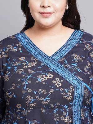 Women'S Plus Size Rayon Floral Print Angrakha Kurti (Blue) 5