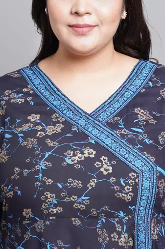 Women'S Plus Size Rayon Floral Print Angrakha Kurti (Blue)