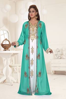 Sea Green & White color Full Sleeves Handmade Two Piece Jacket Style Moroccan Kaftan 1