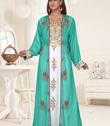 Sea Green & White color Full Sleeves Handmade Two Piece Jacket Style Moroccan Kaftan