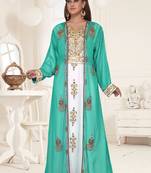 Sea Green & White color luxurious Full Sleeves Handmade Two Piece Jacket Style Moroccan Kaftan.