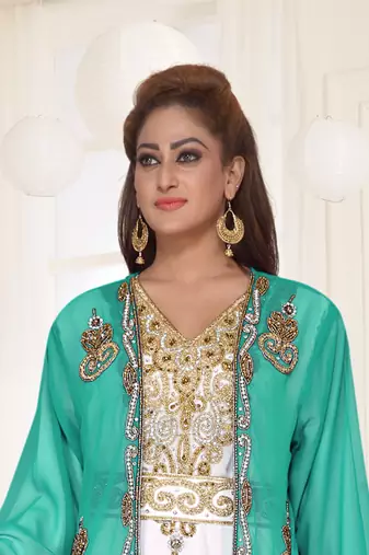 Sea Green & White color Full Sleeves Handmade Two Piece Jacket Style Moroccan Kaftan