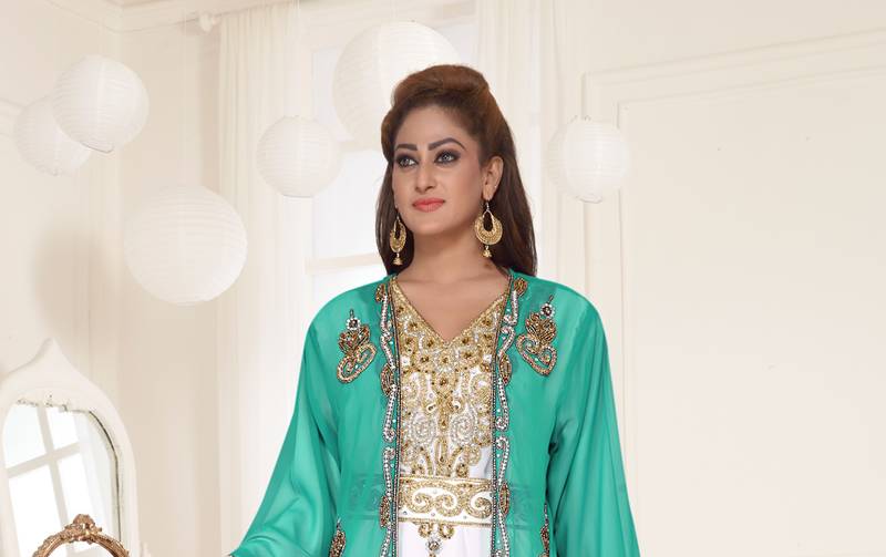 Sea Green & White color luxurious Full Sleeves Handmade Two Piece Jacket Style Moroccan Kaftan.