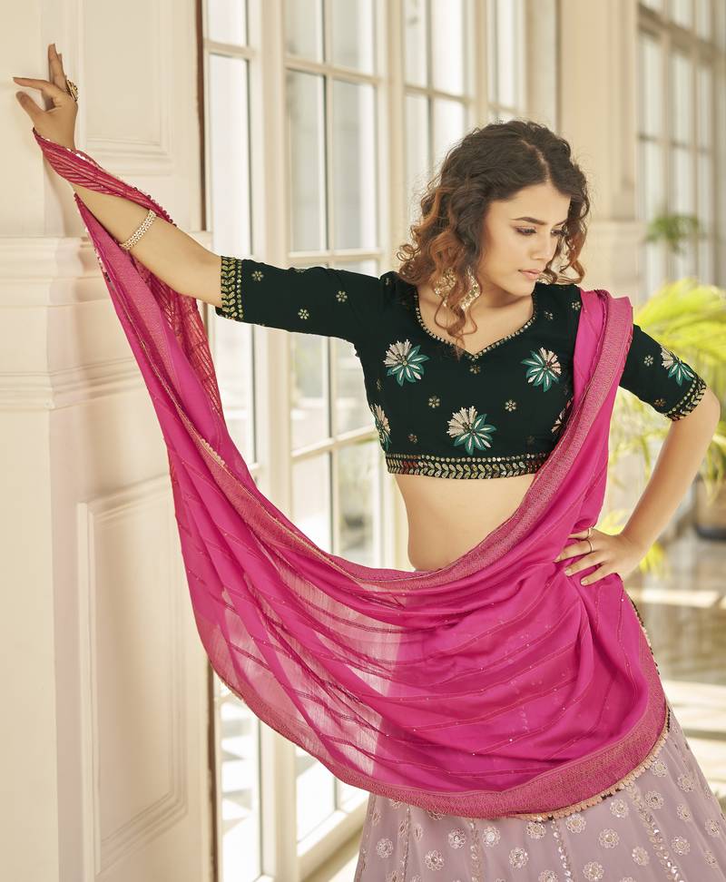 Phenomenal Dusty Pink Thread And Sequins Embroidered With Stone Work Georgette Designer Indian Lehenga Dress