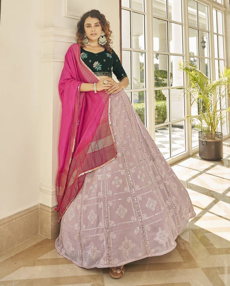 Phenomenal Dusty Pink Thread And Sequins Embroidered With Stone Work Georgette Designer Indian Lehenga Dress