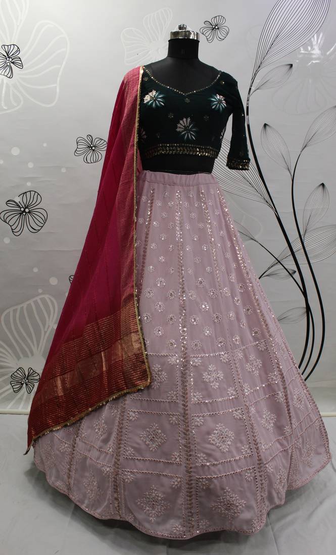 Phenomenal Dusty Pink Thread And Sequins Embroidered With Stone Work Georgette Designer Indian Lehenga Dress