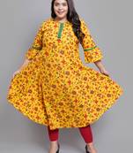 Women'S Plus Size Cotton Floral Printed Anarkali Kurti (Mustard)