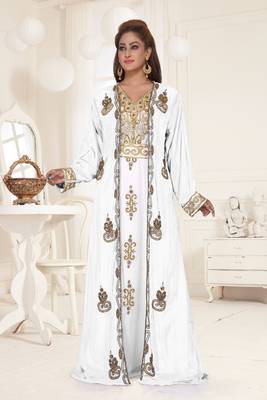 Off-White & White color Full Sleeves Handmade Two Piece Jacket Style Moroccan Kaftan 1
